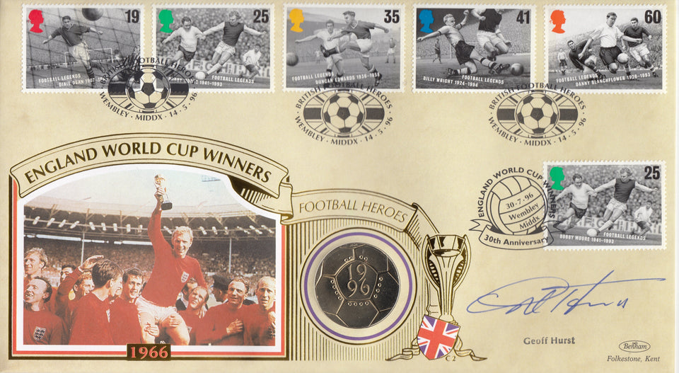 1996 TWO POUND FOOTBALL HEROES WORLD CUP COIN COVER SINGED BY GEOFF HURST REF CC01 - coin covers - Cambridgeshire Coins