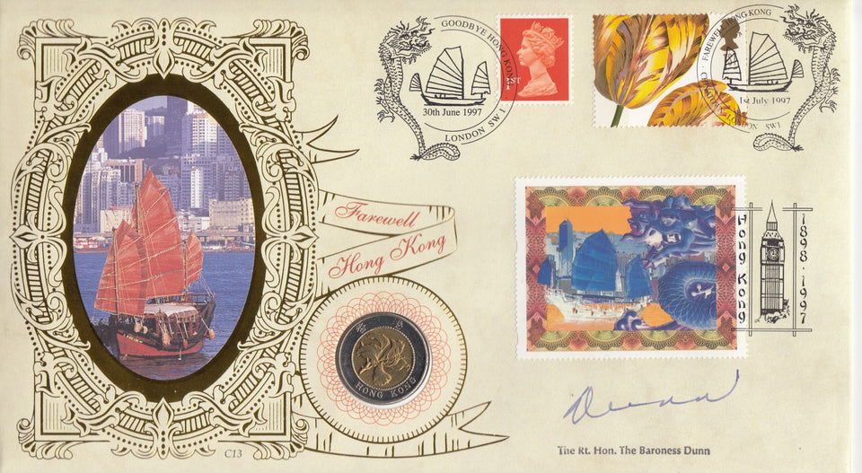 1997 FAREWELL HONG KONG 10 DOLLAR COIN COVER SIGNED BY RT HON. THE BARONESS DUNN REF CC06 - coin covers - Cambridgeshire Coins