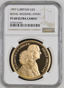1997 GOLD PROOF QUEEN ELIZABETH II ROYAL WEDDING £5 (NGC) PF68 ULTRA CAMEO - NGC GOLD COINS - Cambridgeshire Coins