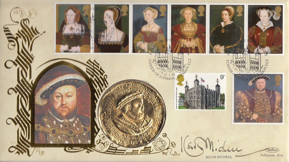 1997 REPRODUCTION HENRY VIII COIN COVER SIGNED BY KEITH MICHELL REF CC59 - coin covers - Cambridgeshire Coins
