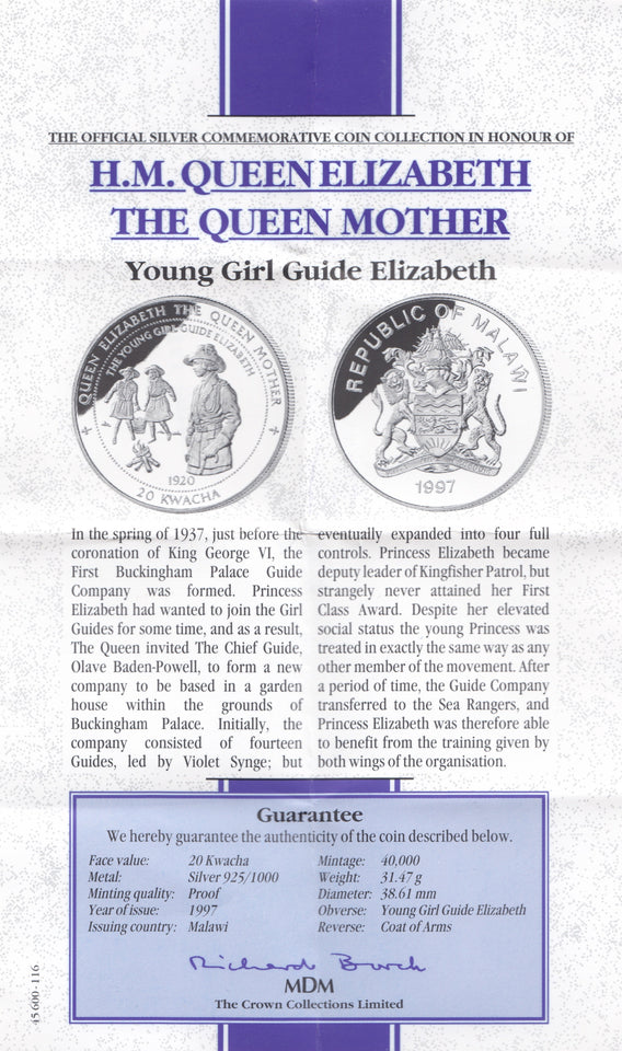 1997 SILVER PROOF 20 KWACHA MALAWI 925 SILVER REF C8 - SILVER PROOF COMMEMORATIVE - Cambridgeshire Coins