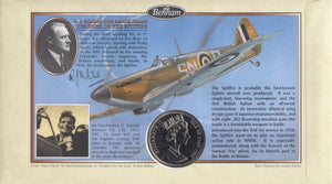 1997 SUPERMARINE SPITFIRE 1 CROWN COIN COVER SIGNED BY AIR VICE-MARSHAL JE JOHNNIE JOHNSON REF CC12 - coin covers - Cambridgeshire Coins