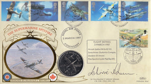 1997 SUPERMARINE SPITFIRE 1 CROWN COIN COVER SIGNED BY AIR VICE-MARSHAL JE JOHNNIE JOHNSON REF CC12 - coin covers - Cambridgeshire Coins
