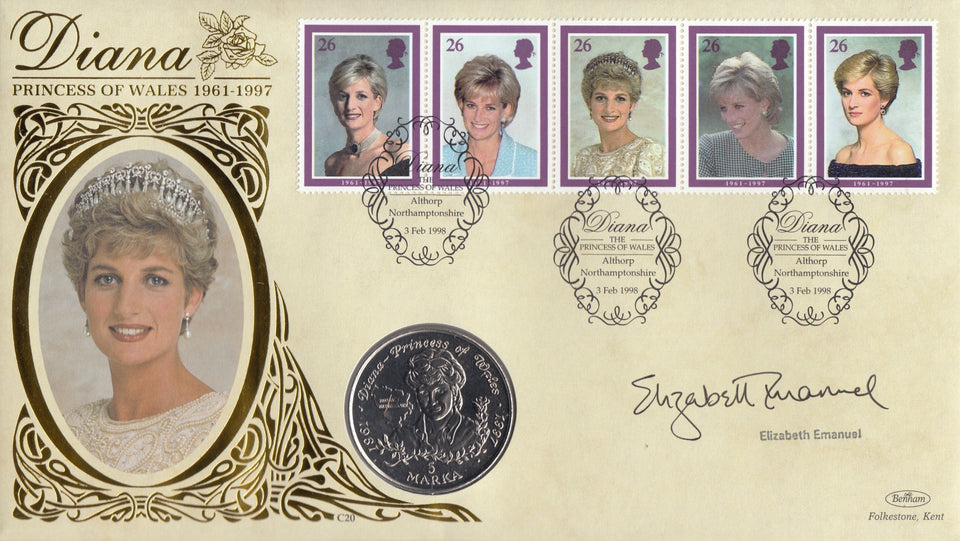 1998 DIANA PRINCESS OF WALES COIN COVER SIGNED BY ELIZABETH EMANUEL CC75 - coin covers - Cambridgeshire Coins
