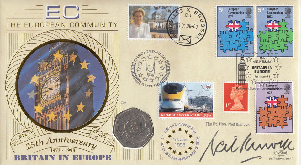 1998 EUROPEAN UNION 50P COIN COVER SIGNED BY THE RT. HON NEIL KINNOCK REF CC08 - coin covers - Cambridgeshire Coins