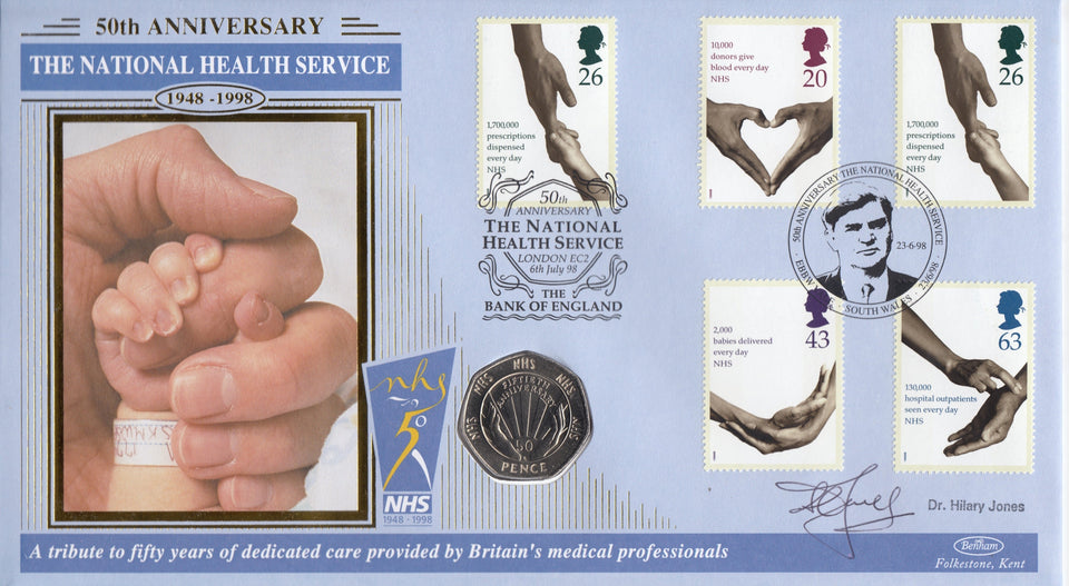 1998 NHS 50P COIN COVER SINGED BY DR. HILARY JONES REF CC05 - coin covers - Cambridgeshire Coins