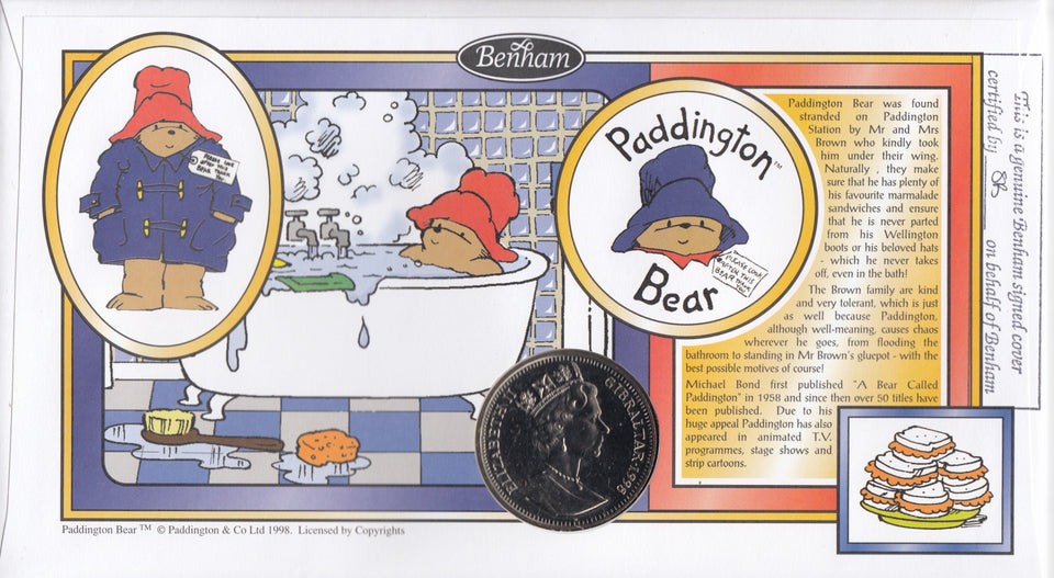 1998 PADDINGTON 1 CROWN COIN COVER SINGED BY MICHAEL BOND REF CC04 - coin covers - Cambridgeshire Coins