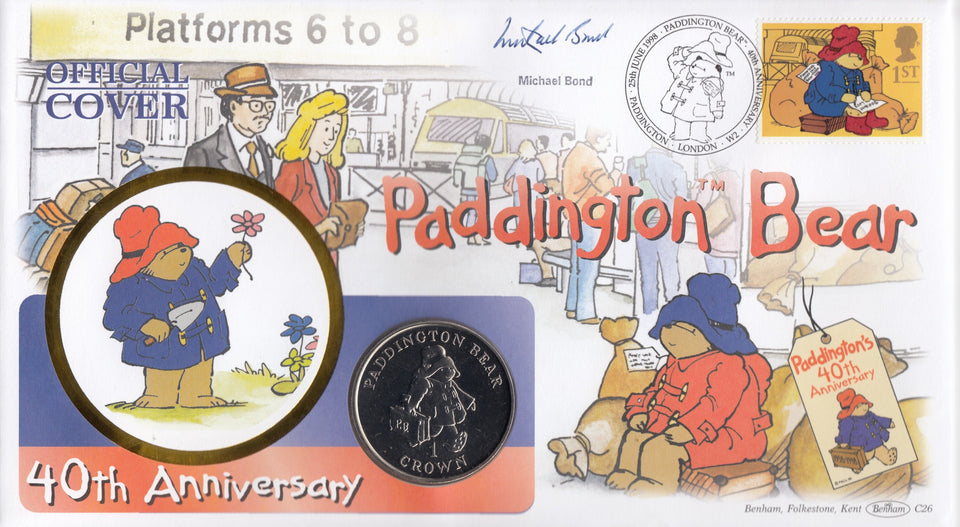 1998 PADDINGTON 1 CROWN COIN COVER SINGED BY MICHAEL BOND REF CC04 - coin covers - Cambridgeshire Coins