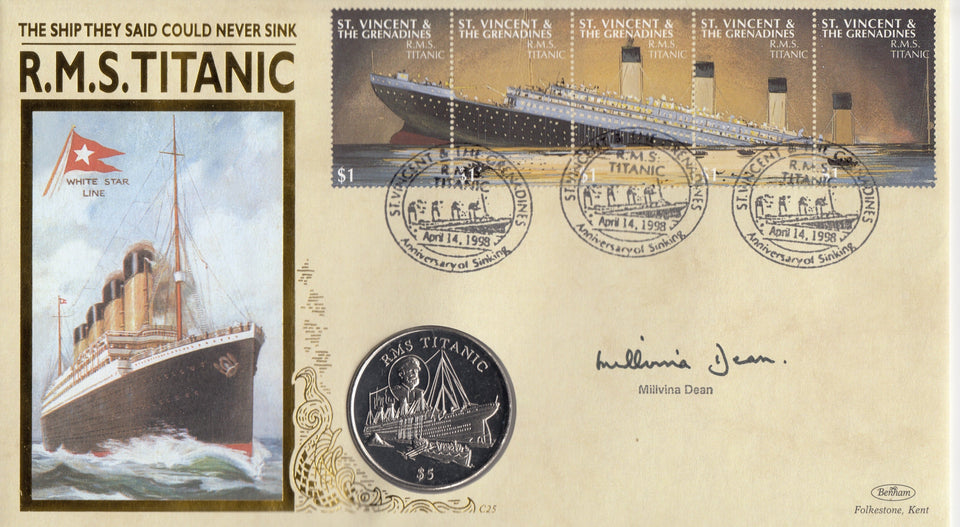 1998 RMS TITANIC $5 COIN COVER SIGNED BY MILLVINA DEAN REF CC11 - coin covers - Cambridgeshire Coins