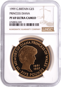 1999 GOLD PROOF £5 PRINCESS DIANA (NGC) PF 69 ULTRA CAMEO - NGC CERTIFIED COINS - Cambridgeshire Coins
