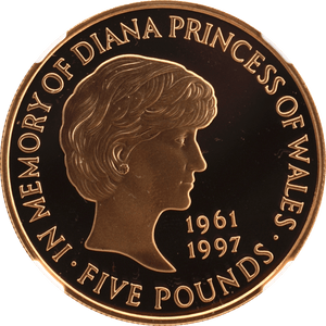 1999 GOLD PROOF £5 PRINCESS DIANA (NGC) PF 69 ULTRA CAMEO - NGC CERTIFIED COINS - Cambridgeshire Coins