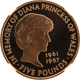 1999 GOLD PROOF £5 PRINCESS DIANA (NGC) PF 69 ULTRA CAMEO - NGC CERTIFIED COINS - Cambridgeshire Coins