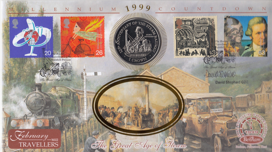 1999 MILENNIUM COUNTDOWN 1 CROWN COIN COVER SIGNED BY DAVID SHEPHERD OBE REF CC43 - coin covers - Cambridgeshire Coins