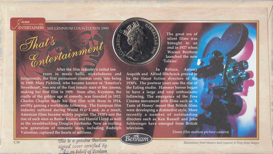 1999 MILLENIUM COUNTDOWN 1 CROWN COIN COVER SIGNED BY GERALDINE CHAPLIN REF CC51 - coin covers - Cambridgeshire Coins