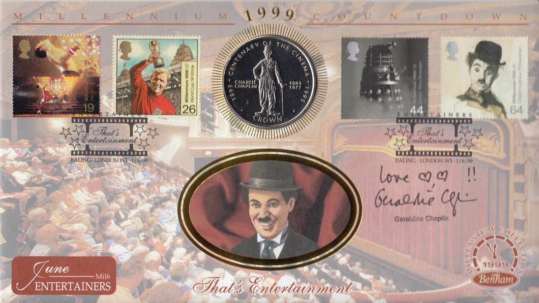 1999 MILLENIUM COUNTDOWN 1 CROWN COIN COVER SIGNED BY GERALDINE CHAPLIN REF CC51 - coin covers - Cambridgeshire Coins