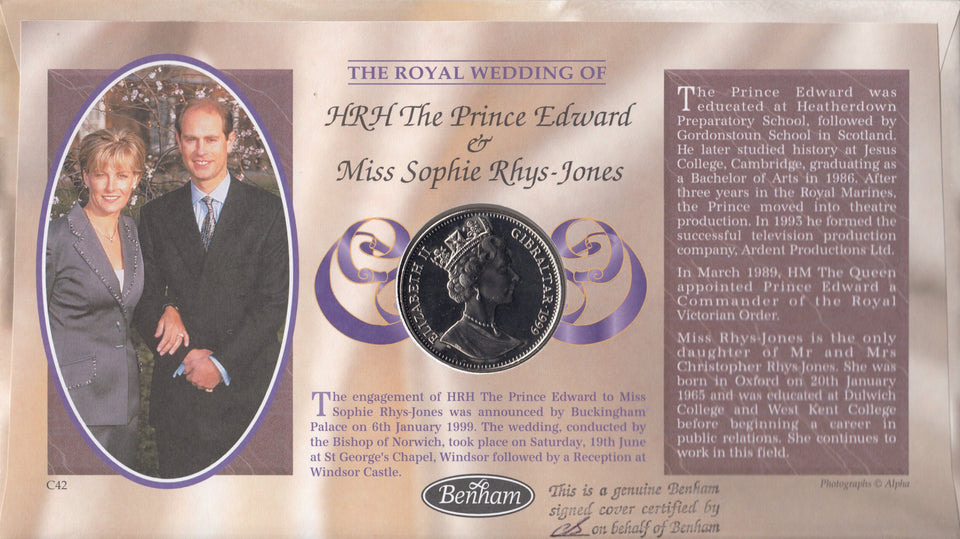 1999 ROYAL WEDDING PRINCE EDWARD SOPHIE RHYS JONES 1 CROWN COIN COVER SIGNED BY JOHN SWANNELL REF CC44 - coin covers - Cambridgeshire Coins