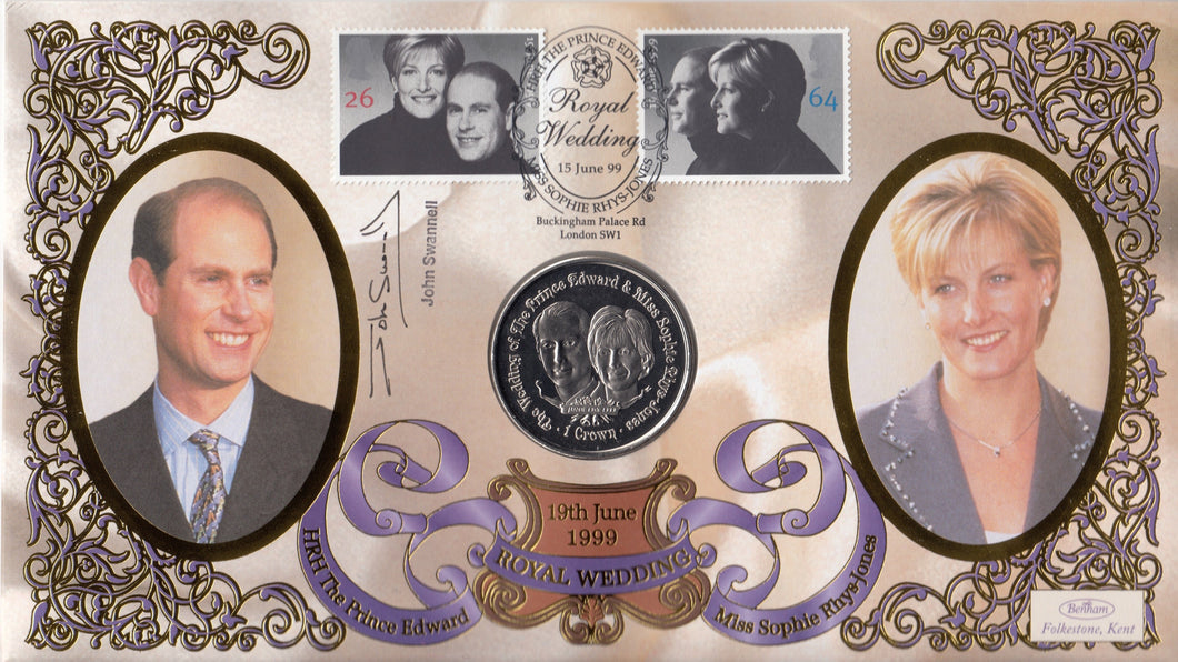 1999 ROYAL WEDDING PRINCE EDWARD SOPHIE RHYS JONES 1 CROWN COIN COVER SIGNED BY JOHN SWANNELL REF CC44 - coin covers - Cambridgeshire Coins