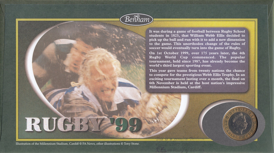 1999 RUGBY £2 COIN COVER SIGNED BY J P R WILLIAMS MBE REF CC47 - coin covers - Cambridgeshire Coins
