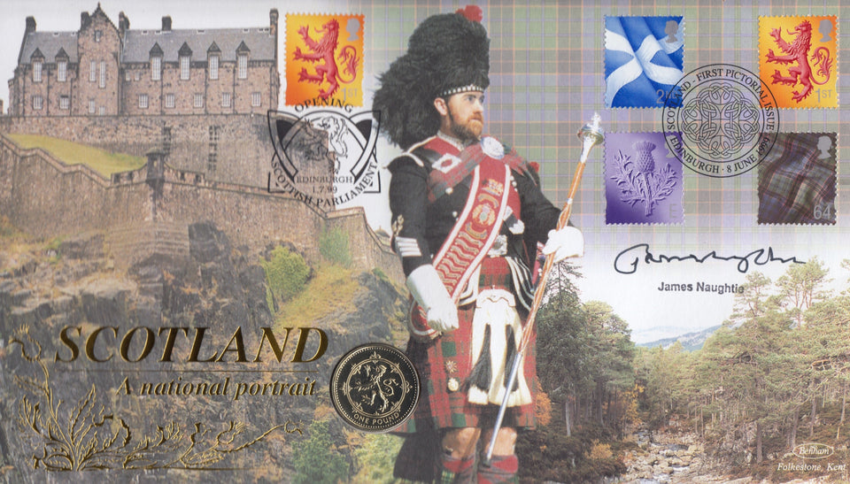 1999 SCOTLAND NATIONAL £1 COIN COVER SIGNED BY JAMES NAUGHTIE REF CC58 - coin covers - Cambridgeshire Coins