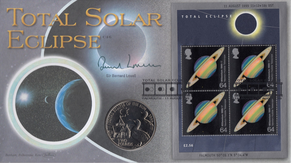 1999 SOLAR ECLIPSE ALDERNEY £2 COIN COVER SIGNED BY SIR BERNARD LOVELL REF CC41 - coin covers - Cambridgeshire Coins