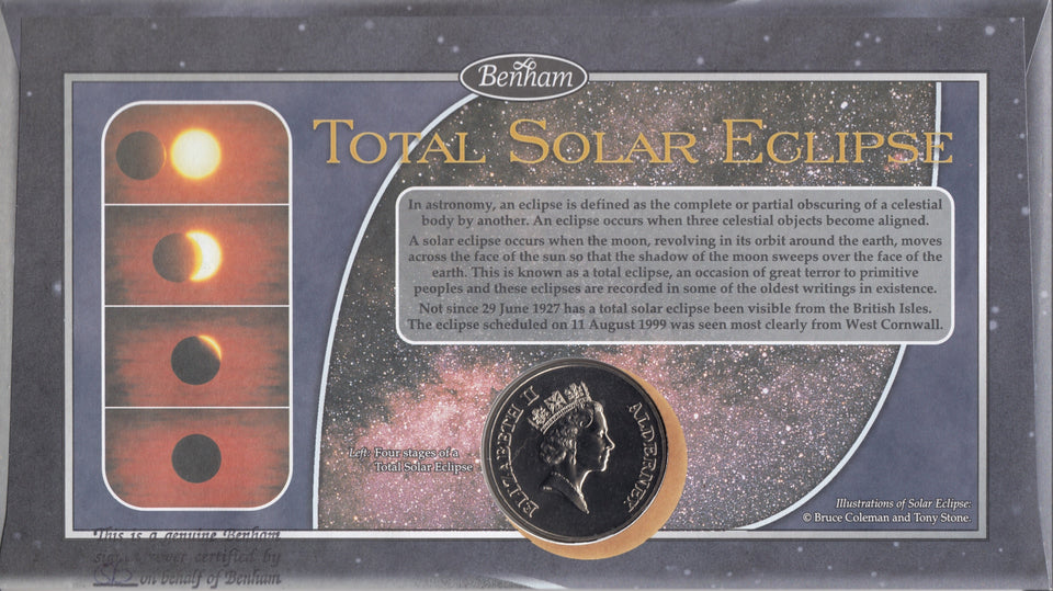 1999 SOLAR ECLIPSE ALDERNEY £2 COIN COVER SIGNED BY SIR BERNARD LOVELL REF CC41 - coin covers - Cambridgeshire Coins