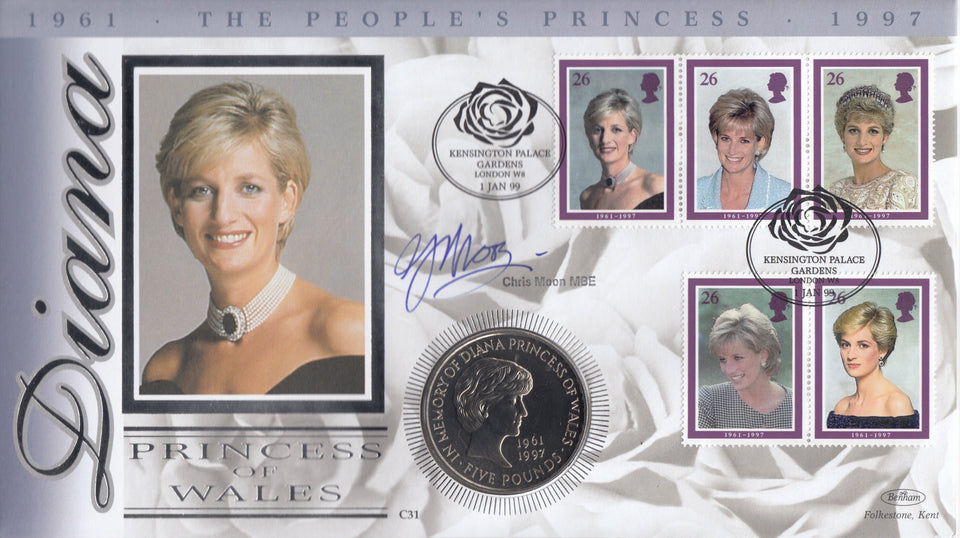 1999 THE PEOPLES PRINCESS £5 COIN COVER SIGNED BY CHRIS MOON MBE CC71 - coin covers - Cambridgeshire Coins