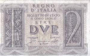 2 LIRE REGNO D'ITALIA ITALIAN BANKNOTE REF 16 - World Banknotes - Cambridgeshire Coins