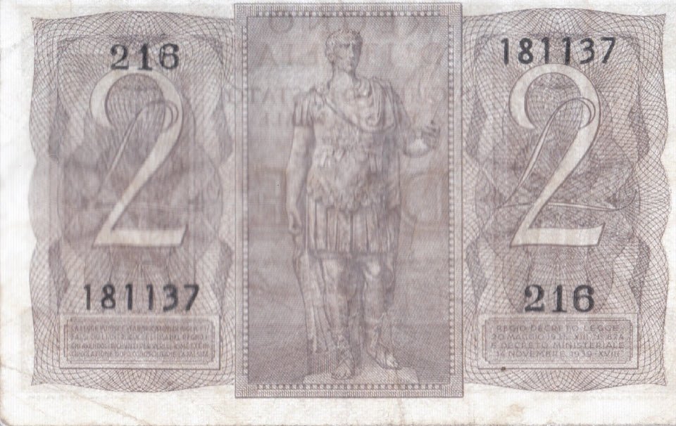 2 LIRE REGNO D'ITALIA ITALIAN BANKNOTE REF 16 - World Banknotes - Cambridgeshire Coins