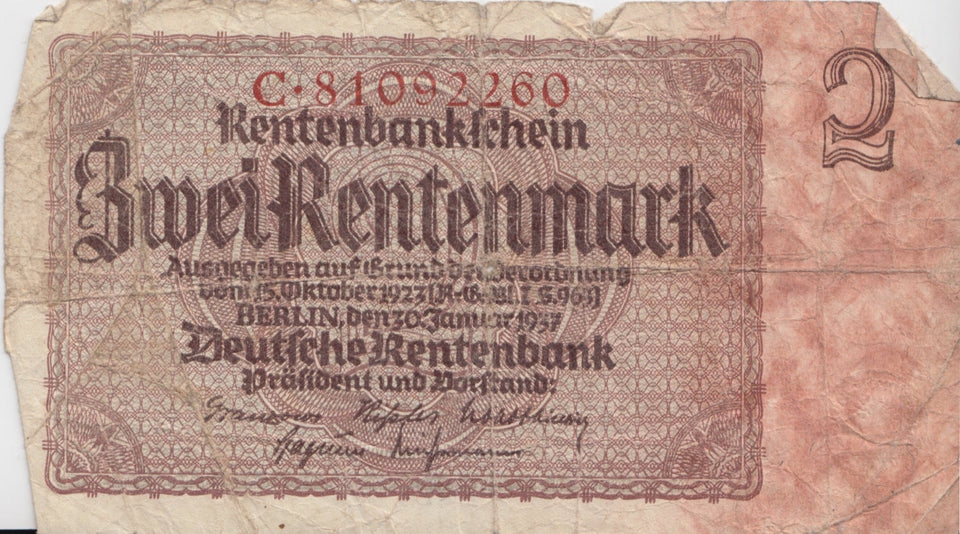 2 RENTENMARK BANK OF GERMANY REF 1341 - World Banknotes - Cambridgeshire Coins