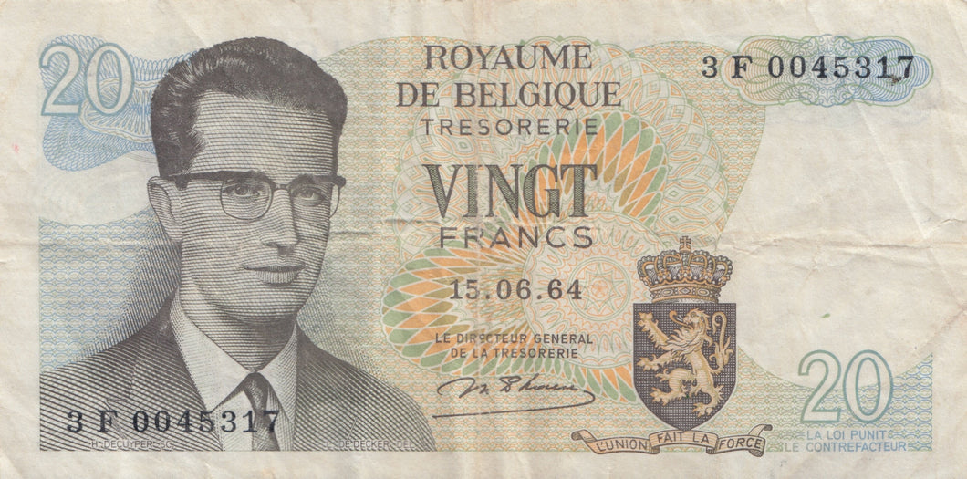 20 FRANCS ROYAUME DE BELGIQUE BELGIAN 1964 BANKNOTE REF 438 - World Banknotes - Cambridgeshire Coins
