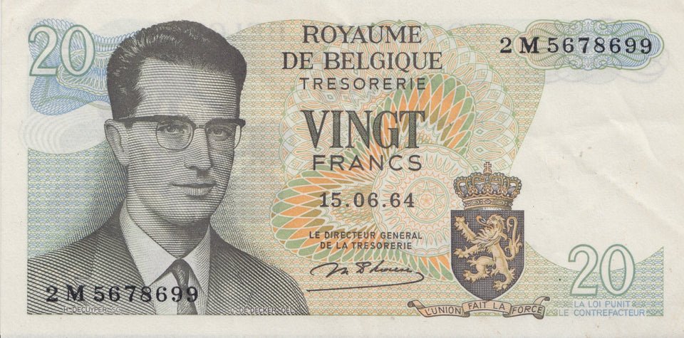 20 FRANCS ROYAUME DE BELGIQUE TRESORERIE BANKNOTE 1964 BELGIAN REF 420 - World Banknotes - Cambridgeshire Coins