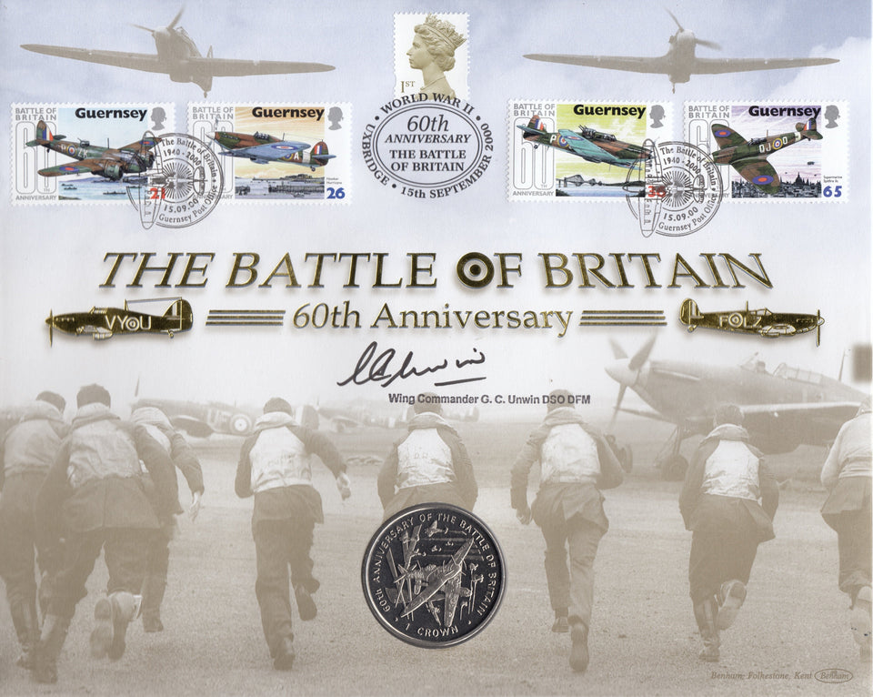 2000 BATTLE OF BRITAIN 1 CROWN COIN COVER SIGNED BY WING COMMANDER G. C. UNWIN REF CC24 - coin covers - Cambridgeshire Coins