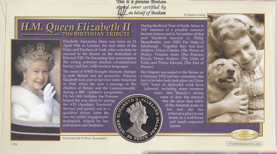 2001 75TH BIRTHDAY TRIBUTE QE II COIN COVER SIGNED BY SIR REX HUNT CC79 - coin covers - Cambridgeshire Coins