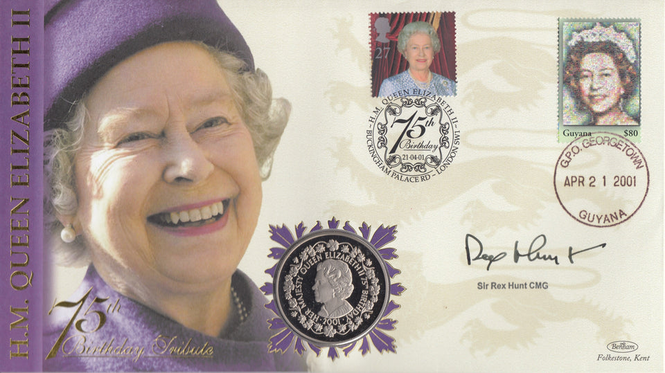 2001 75TH BIRTHDAY TRIBUTE QE II COIN COVER SIGNED BY SIR REX HUNT CC79 - coin covers - Cambridgeshire Coins