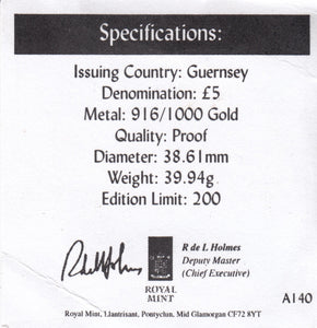 2001 GUERNSEY 22CT GOLD PROOF MONARCHS OF THE 19TH CENTURY £5 COA - £5 Gold Proof - Cambridgeshire Coins
