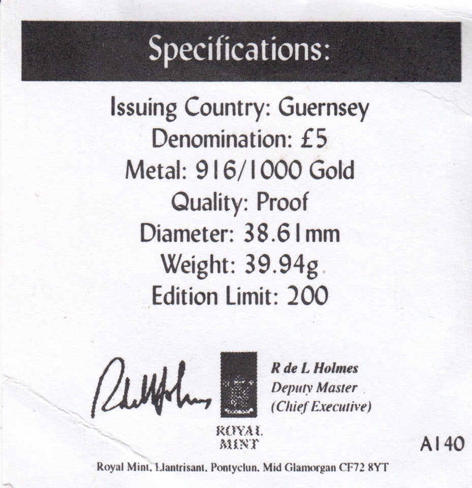 2001 GUERNSEY 22CT GOLD PROOF MONARCHS OF THE 19TH CENTURY £5 COA - £5 Gold Proof - Cambridgeshire Coins