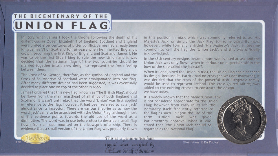 2001 UNION JACK 1 CROWN COIN COVER SIGNED BY SIR HUGO WHITE REF CC36 - coin covers - Cambridgeshire Coins