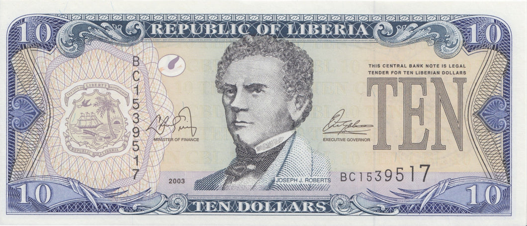 2003 10 DOLLARS BANKNOTE LIBERIA REF 870 - World Banknotes - Cambridgeshire Coins
