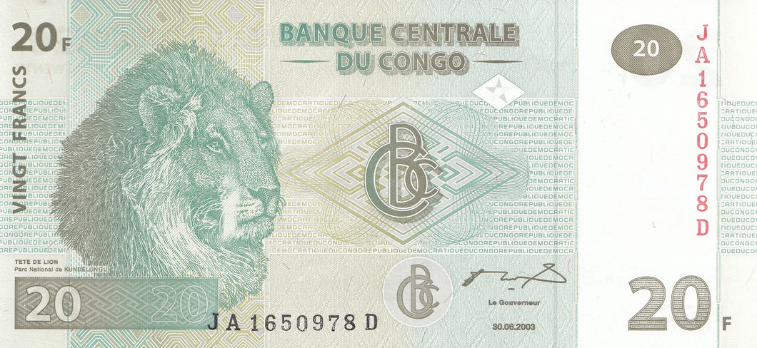 2003 20 FRANCS BANKNOTE CONGO REF 1126 - World Banknotes - Cambridgeshire Coins