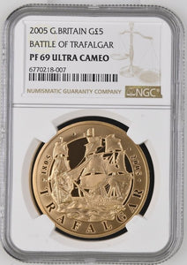 2005 GOLD PROOF ELIZABETH II BATTLE OF TRAFALGAR £5 (NGC) PF69 ULTRA CAMEO - NGC GOLD COINS - Cambridgeshire Coins