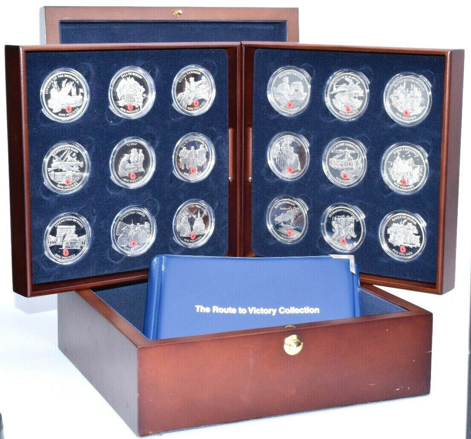 2005 Route To Victory Silver Proof Poppy 18x £5 Coin Collection Poppy Boxed - Silver Proof - Cambridgeshire Coins