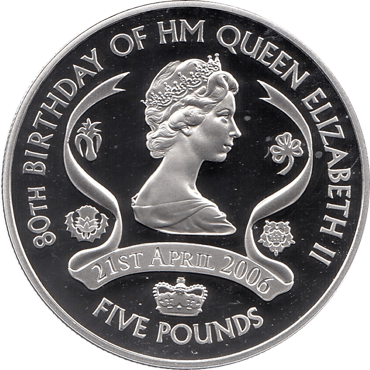 2006 SILVER PROOF JERSEY COMMEMORATIVE COIN 5 POUNDS QUEEN ELIZABETH II 80TH BIRTHDAY REF 13 - SILVER PROOF COMMEMORATIVE - Cambridgeshire Coins
