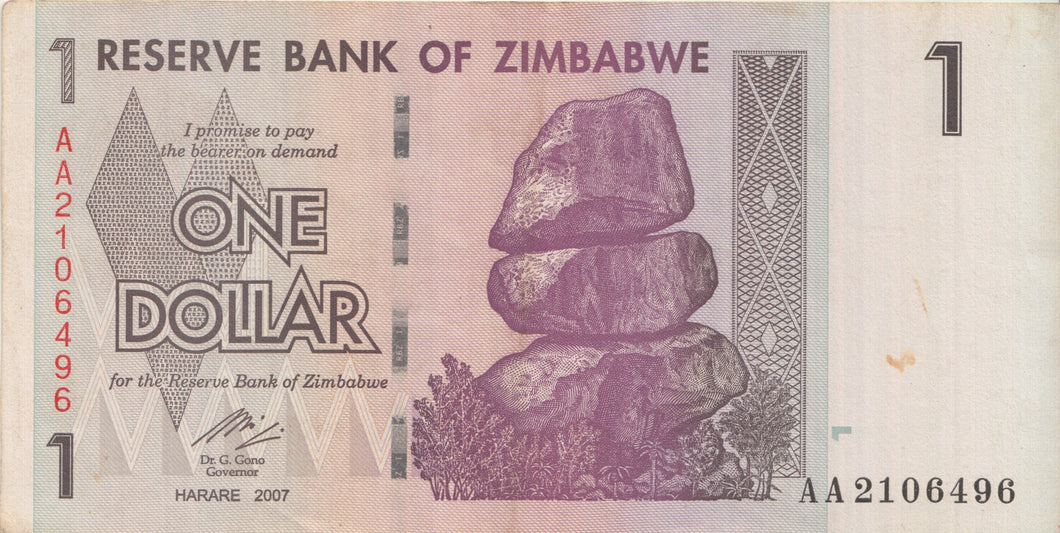 2007 BANK OF ZIMBABWE ONE DOLLAR BANKNOTE REF 1320 - World Banknotes - Cambridgeshire Coins