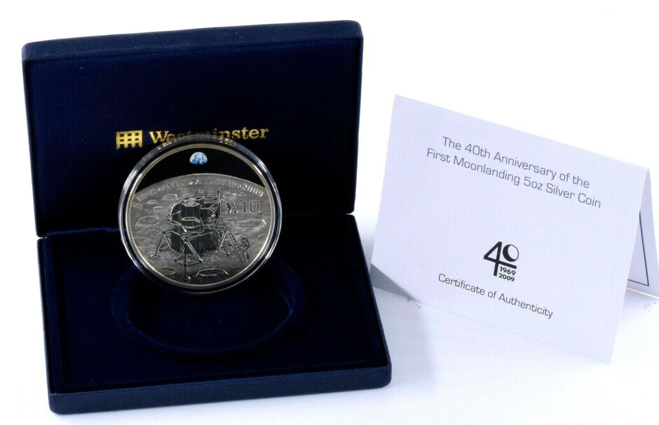 2009 5oz Fine Silver Proof 40th Anniversary of The Moon Landings Coin BOX + COA - Cambridgeshire Coins
