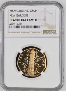 2009 GOLD PROOF QUEEN ELIZABETH II KEW GARDENS 50P (NGC) PF69 ULTRA CAMEO - NGC GOLD COINS - Cambridgeshire Coins