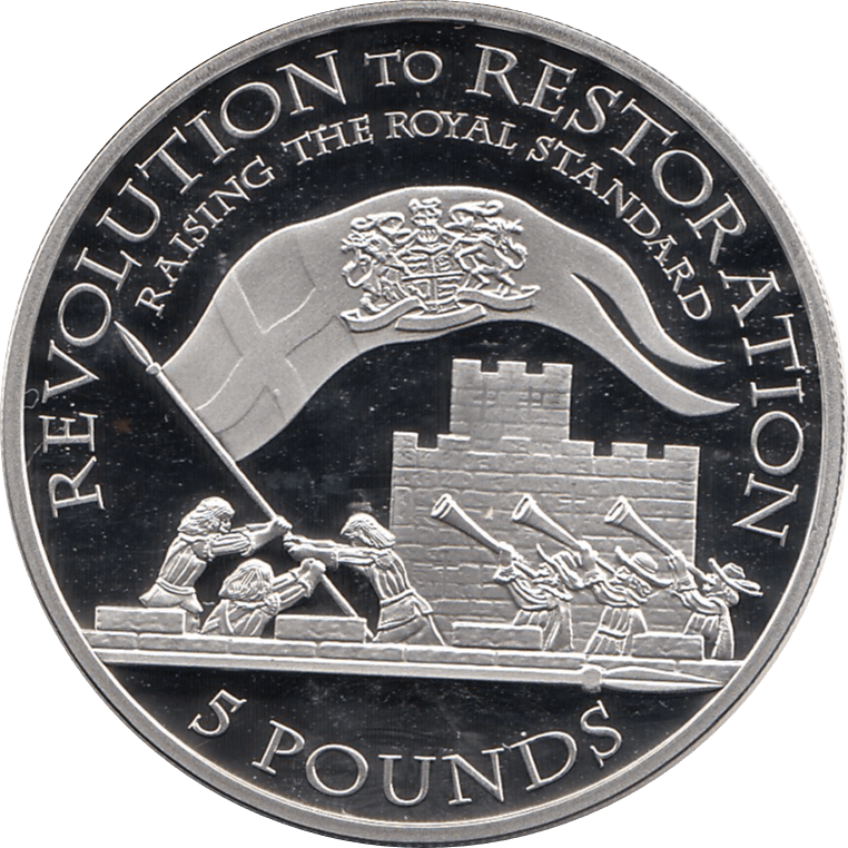 2010 SILVER PROOF FIVE POUND REVOLUTION TO RESTORATION CHARLES I RASES THE ROYAL REF 3 - SILVER PROOF COMMEMORATIVE - Cambridgeshire Coins