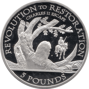 2010 SILVER PROOF FIVE POUND REVOLUTION TO RESTORATION CHARLES II ESCAPE THROUGH ENGLAND REF 2 - SILVER PROOF COMMEMORATIVE - Cambridgeshire Coins