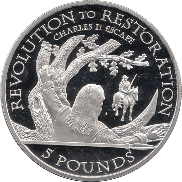 2010 SILVER PROOF FIVE POUND REVOLUTION TO RESTORATION CHARLES II ESCAPE THROUGH ENGLAND REF 2 - SILVER PROOF COMMEMORATIVE - Cambridgeshire Coins