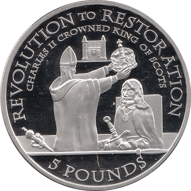 2010 SILVER PROOF FIVE POUND REVOLUTION TO RESTORATION CHARLES II KING OF SCOTLAND REF 11 - SILVER PROOF COMMEMORATIVE - Cambridgeshire Coins