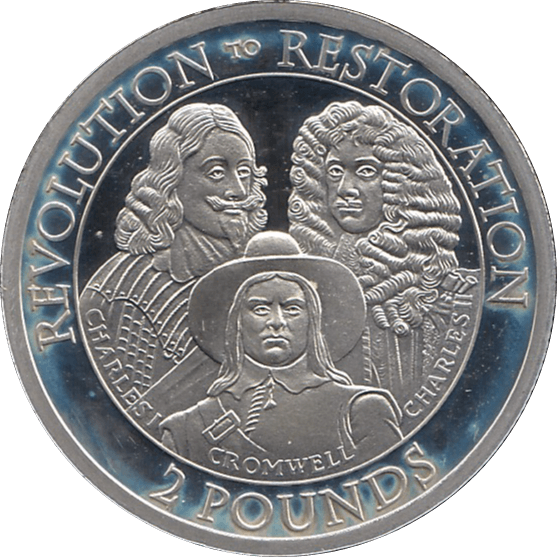 2010 SILVER PROOF FIVE POUND REVOLUTION TO RESTORATION CROMWELL CHARLES I AND CHARLES II REF 25 - SILVER PROOF COMMEMORATIVE - Cambridgeshire Coins